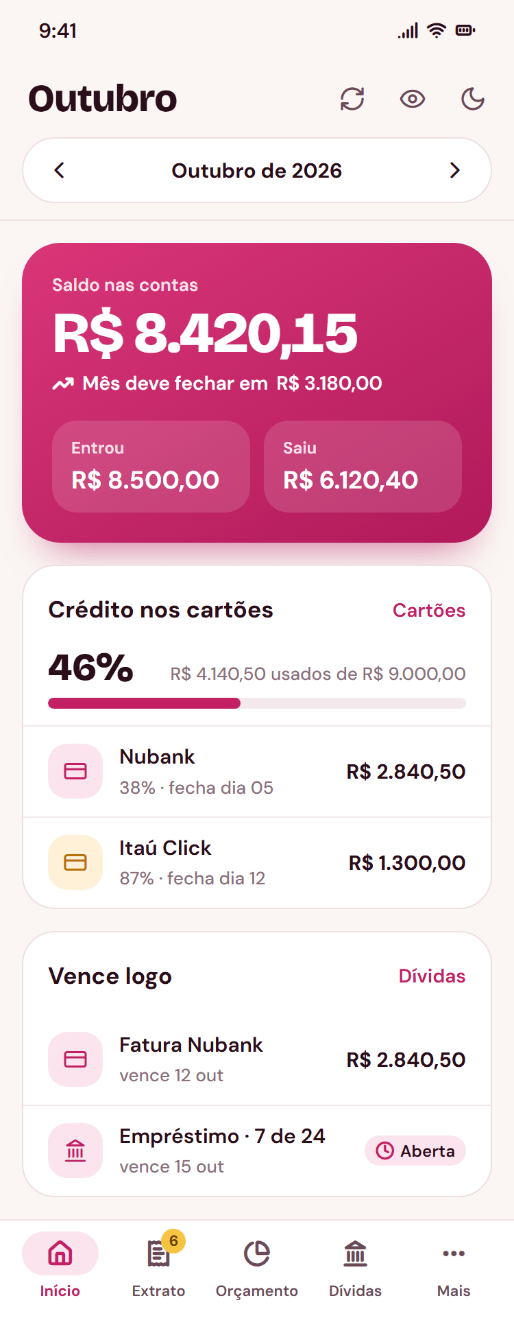 Tela Início do FinanSilva: saldo nas contas, crédito nos cartões e o que vence logo