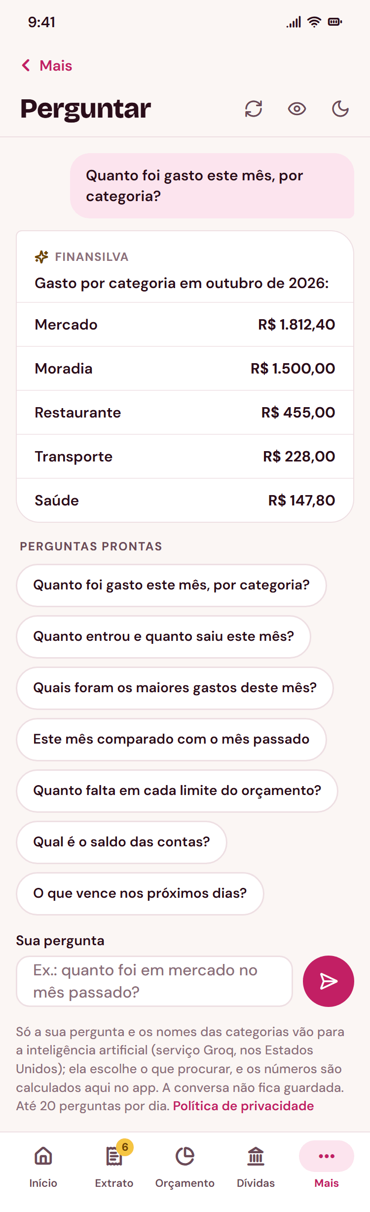Tela Perguntar, com a resposta de quanto foi gasto por categoria