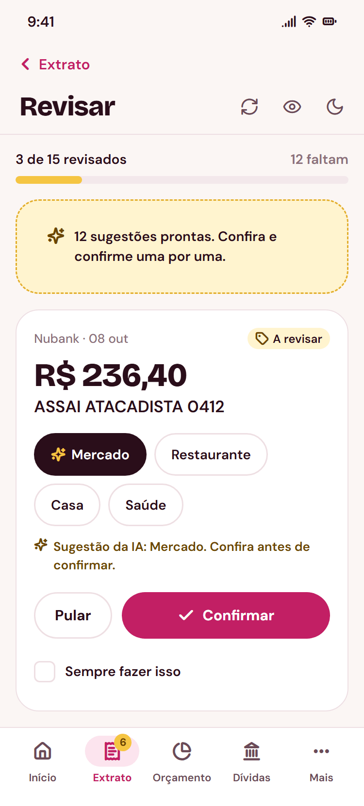 Tela Revisar, com a sugestão de categoria da inteligência artificial